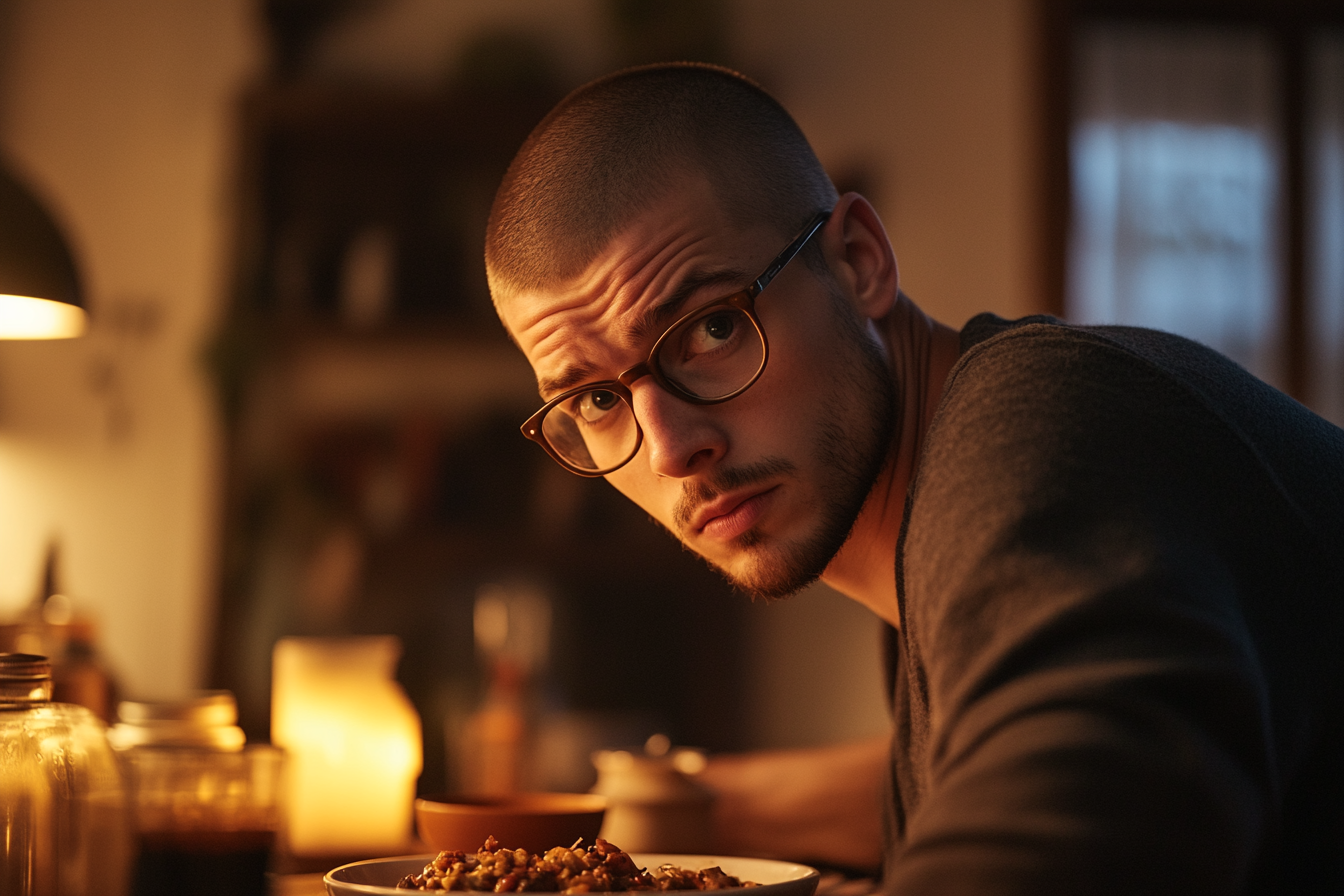 Homme inquiet d'une vingtaine d'années assis à une table de dîner avec de la nourriture non consommée | Source : Midjourney