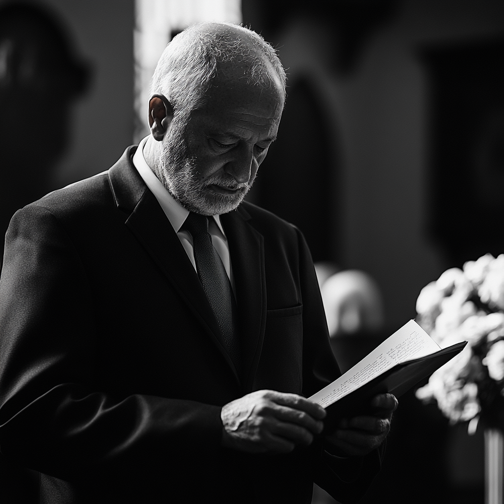 Homme âgé lisant une lettre lors d'un enterrement | Source : Midjourney