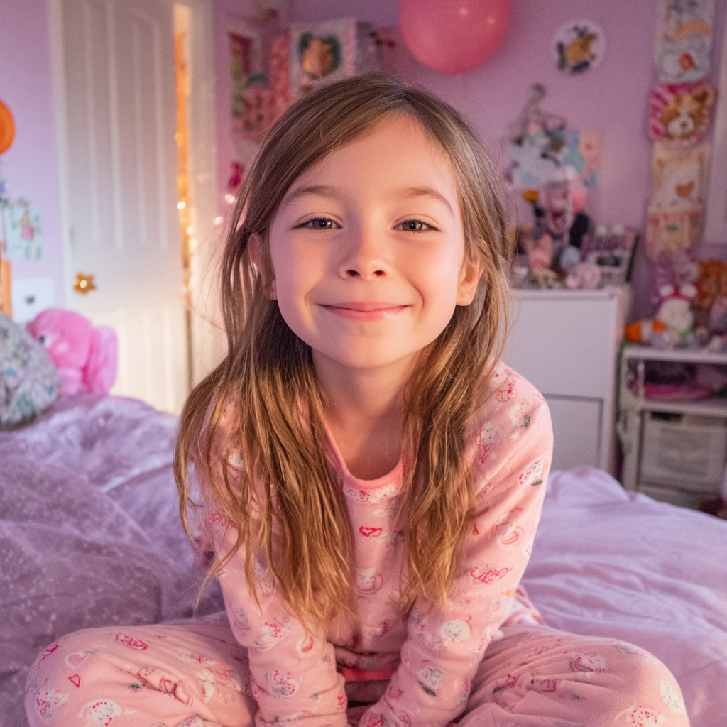 Une petite fille assise sur son lit | Source : Midjourney