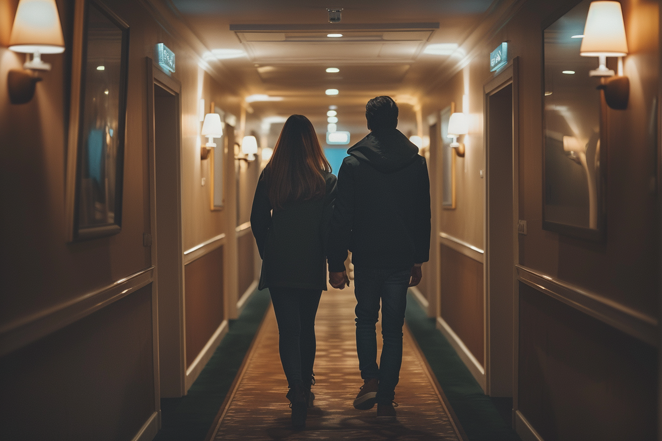 Un homme et une femme marchant dans un couloir d'hôtel | Source : Midjourney