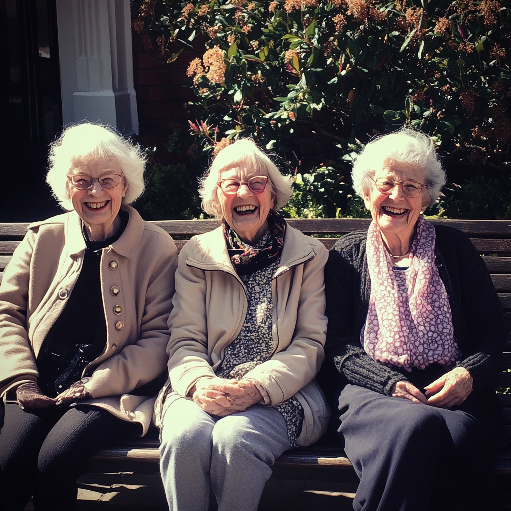 Trois vieilles femmes souriantes assises sur un banc | Source : Midjourney