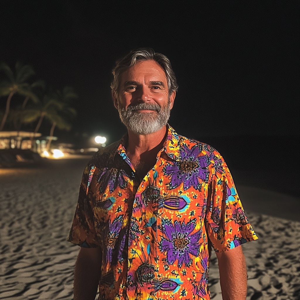 Un homme souriant portant une chemise de villégiature | Source : Midjourney