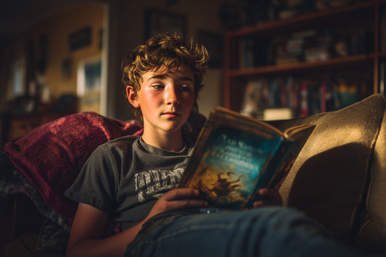 Un garçon lisant un livre | Source : Midjourney