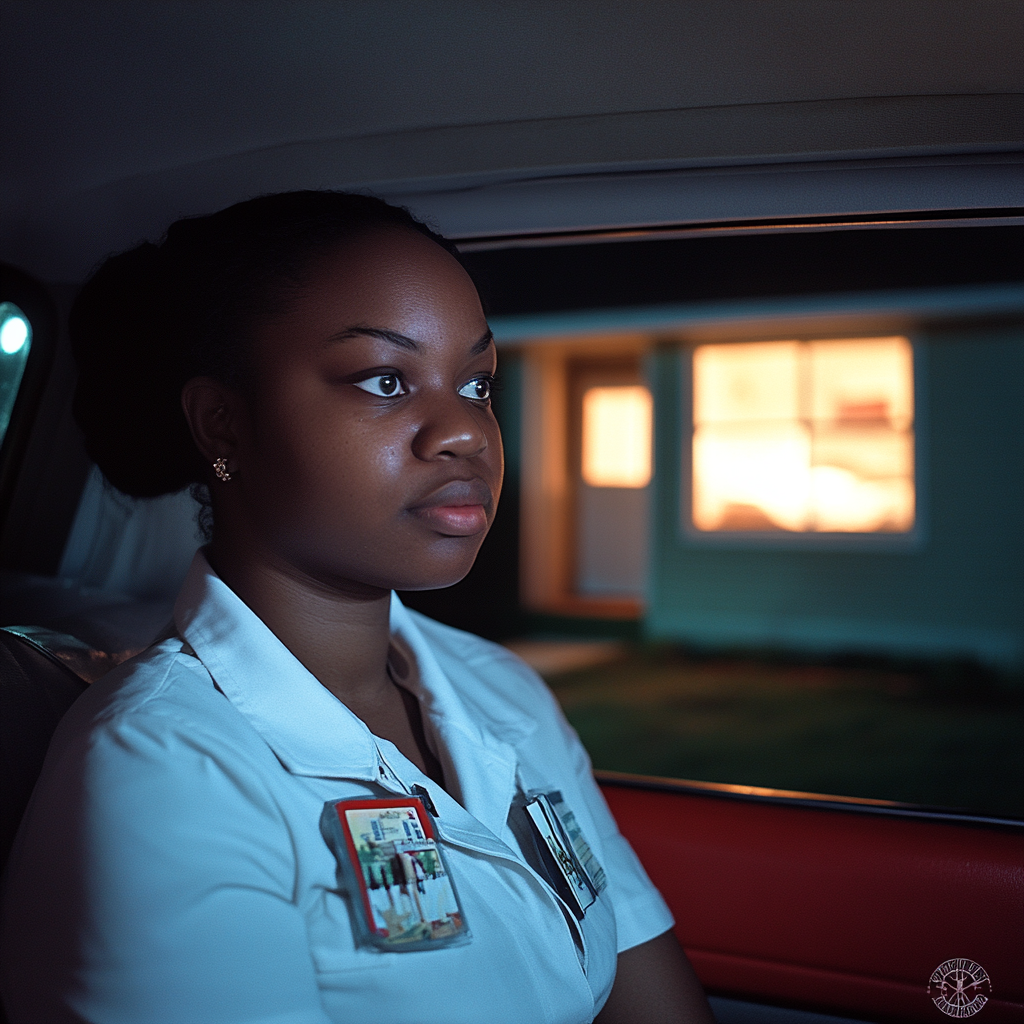 Lizzy assise dans la voiture alors que la lumière de la chambre est allumée chez elle | Source : Midjourney