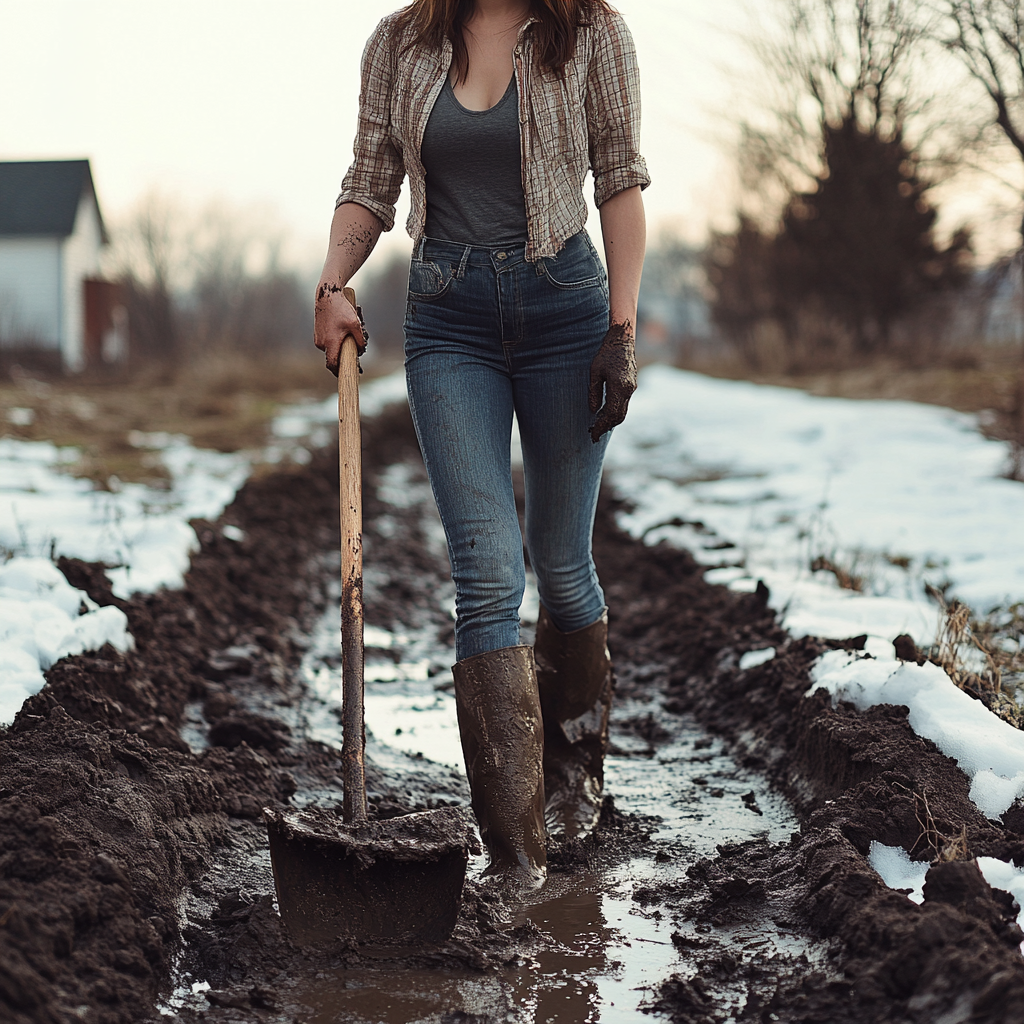 Une femme tenant une pelle sur une piste boueuse | Source : Midjourney