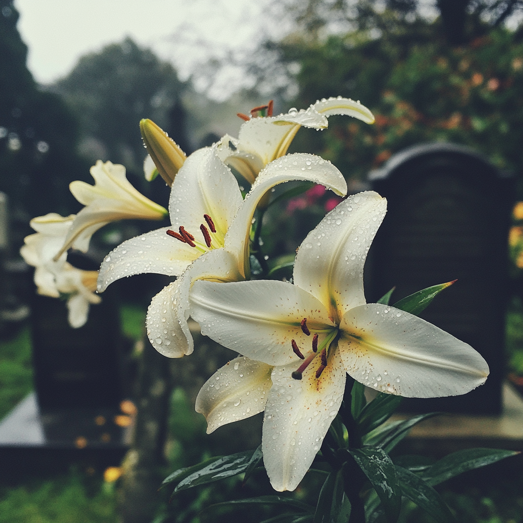 Des lys poussant sur une tombe dans un cimetière | Source : Midjourney