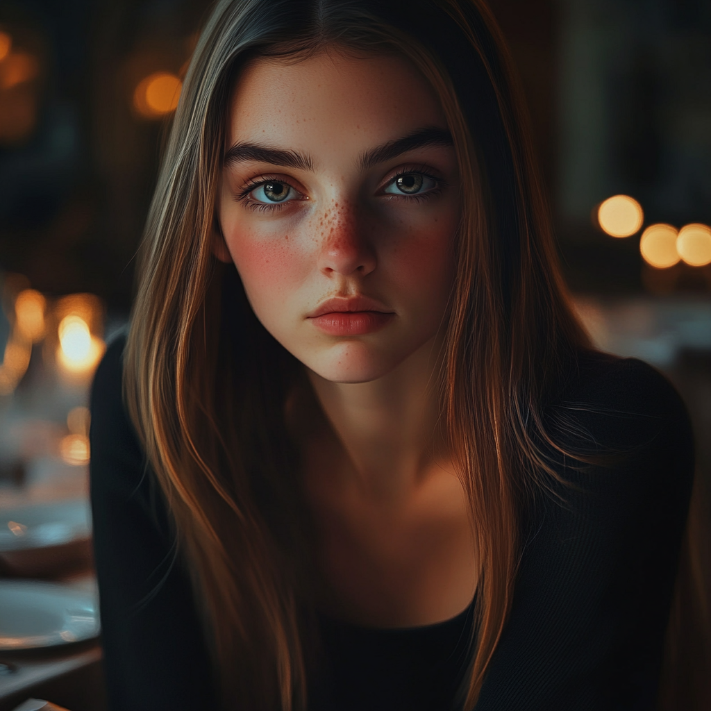 Une jeune fille triste dans un restaurant | Source : Midjourney