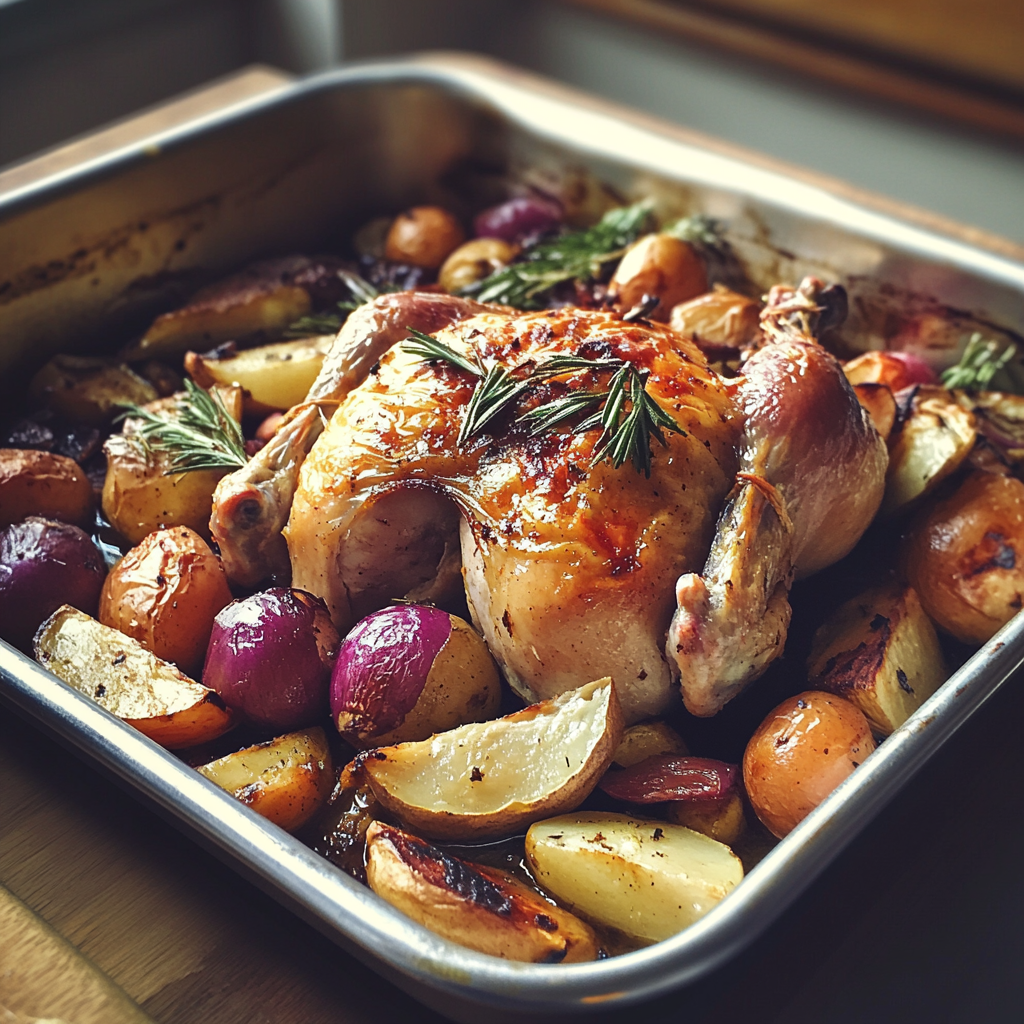 Poulet rôti et légumes sur un plateau | Source : Midjourney