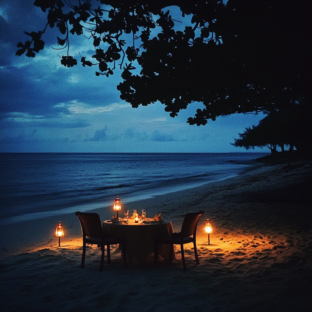 Un dîner romantique installé sur une plage | Source : Midjourney