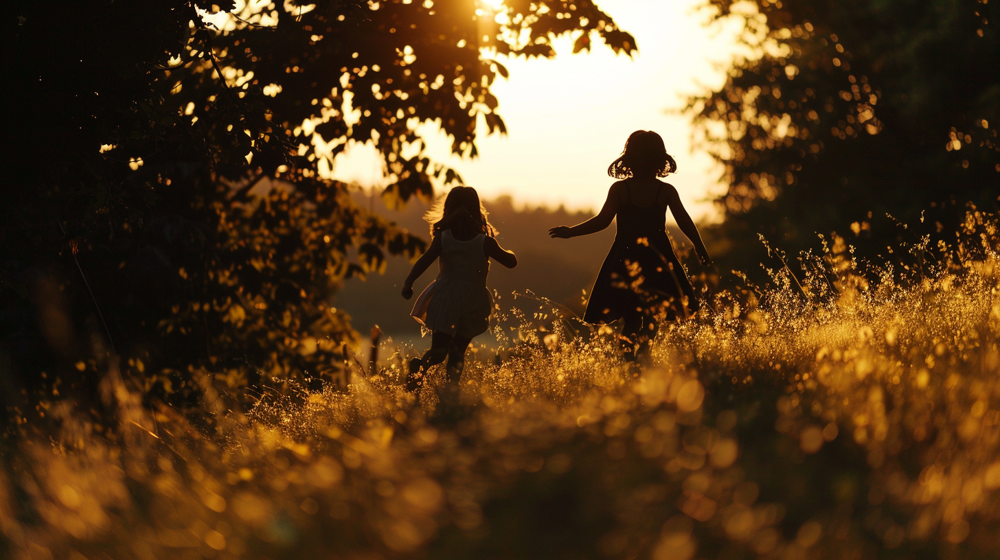 Deux petites filles qui courent par une belle soirée | Source : Midjourney