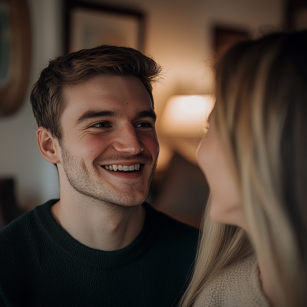 A man smiles while looking at his wife | Source: Midjourney