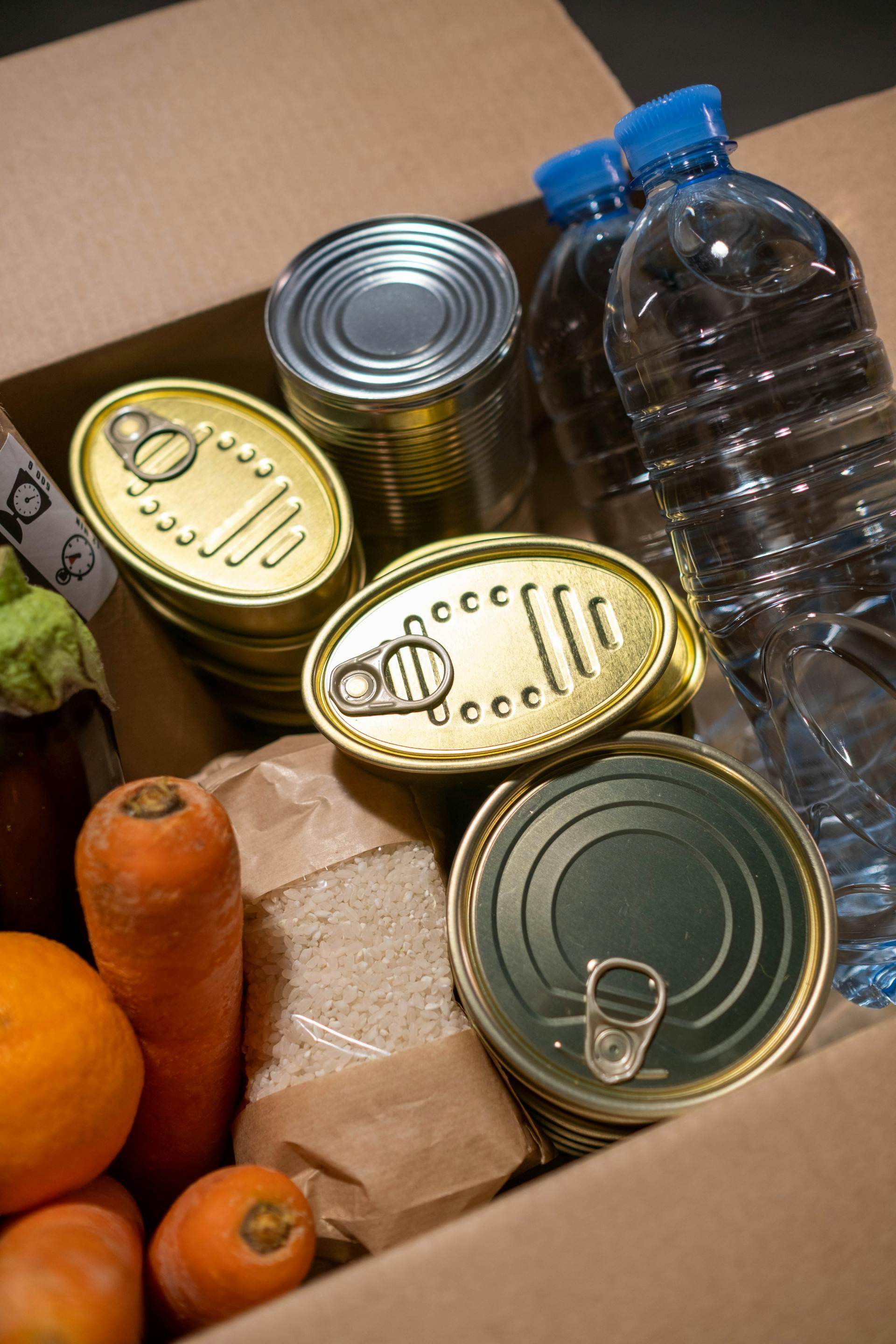 Don de nourriture avec des boîtes de conserve, des bouteilles d'eau et des légumes frais | Source : Pexels