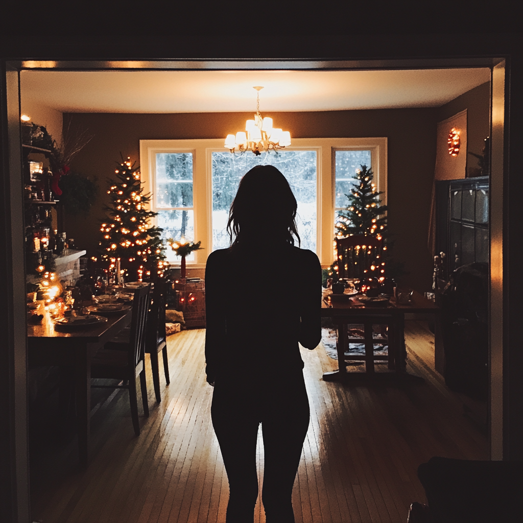 Une femme se tenant à l'écart d'une table de dîner | Source : Midjourney