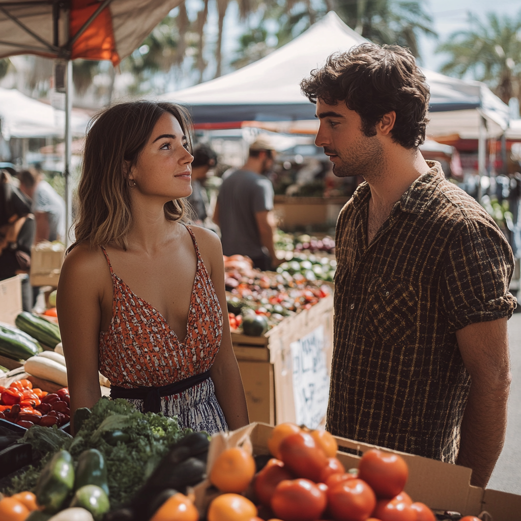 People chatting at a farmers market | Source: Midjourney