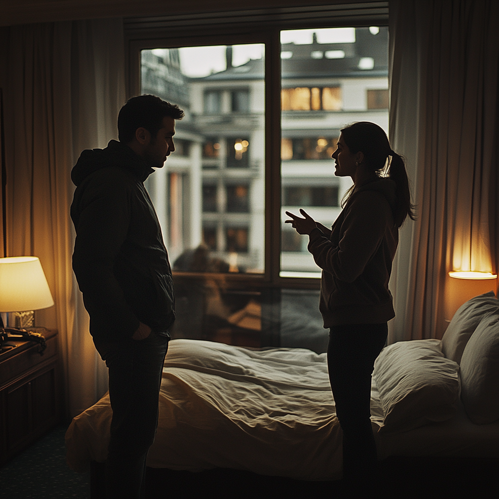 Un couple ayant une discussion sérieuse dans une chambre d'hôtel | Source : Midjourney