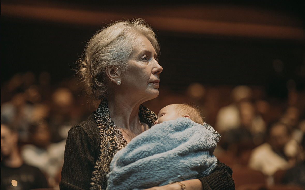 Une femme dans un auditorium tenant un bébé | Source : Midjourney