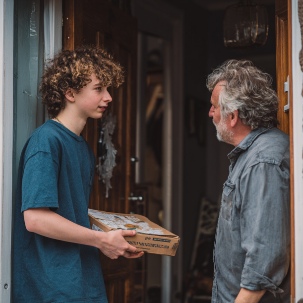 Un homme plus âgé répond à la porte pour parler à un jeune homme | Source : Midjourney