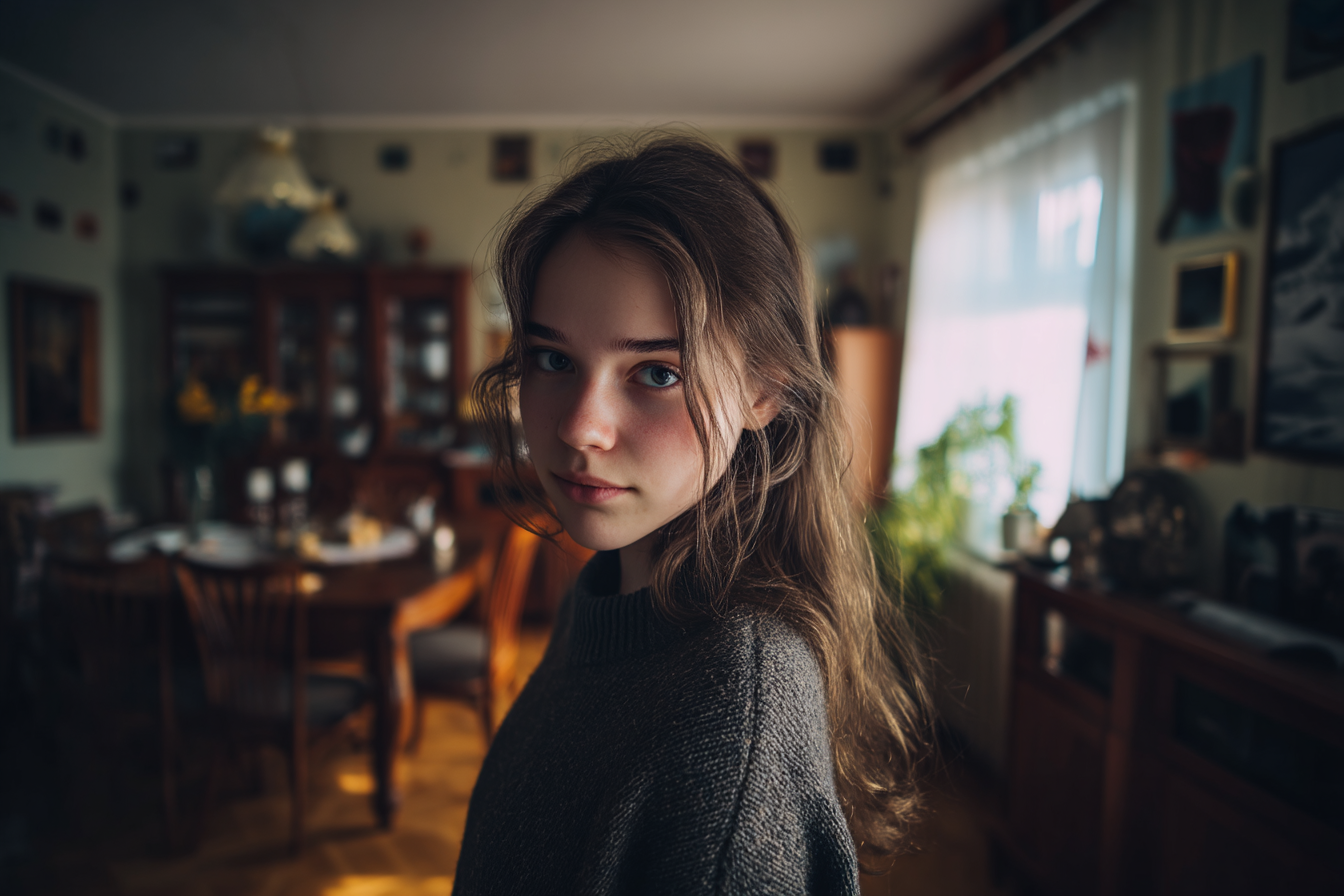 Une fille debout dans sa maison | Source : Midjourney