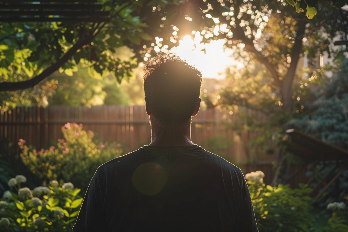 Vue arrière d'un homme regardant son jardin | Source : Midjourney