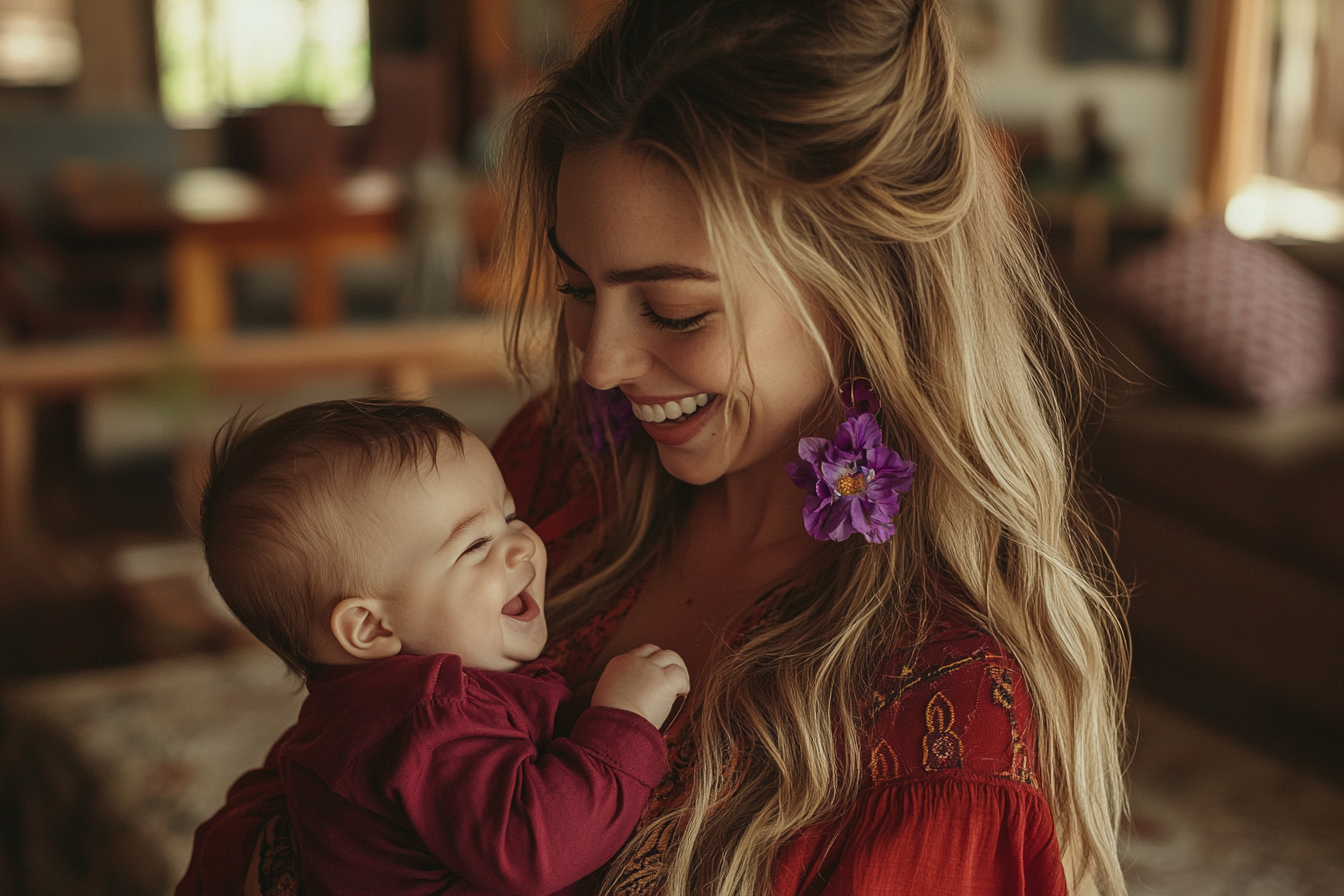 Une femme qui sourit en tenant un bébé qui rit | Source : Midjourney