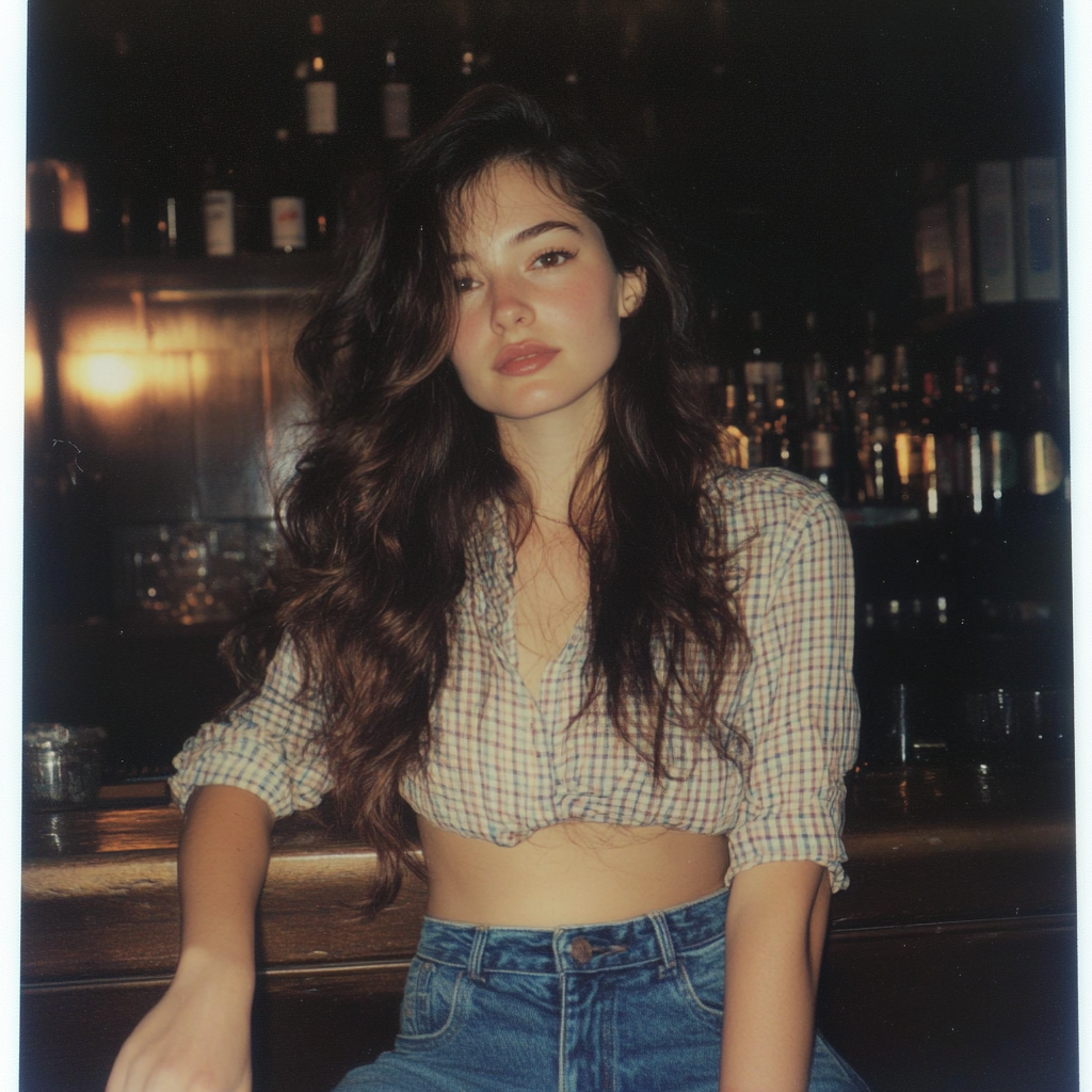 Un polaroid d'une jeune femme assise dans un bar | Source : Midjourney