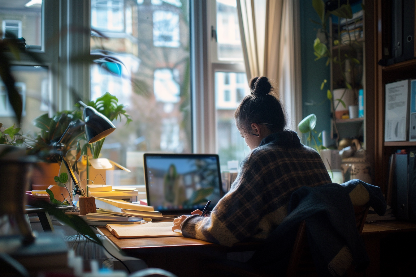 Une femme assise à un bureau | Source : Midjourney