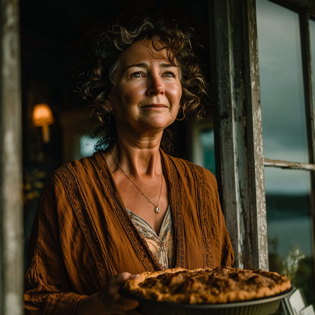 Une femme qui tient une tarte en visitant | Source : Midjourney