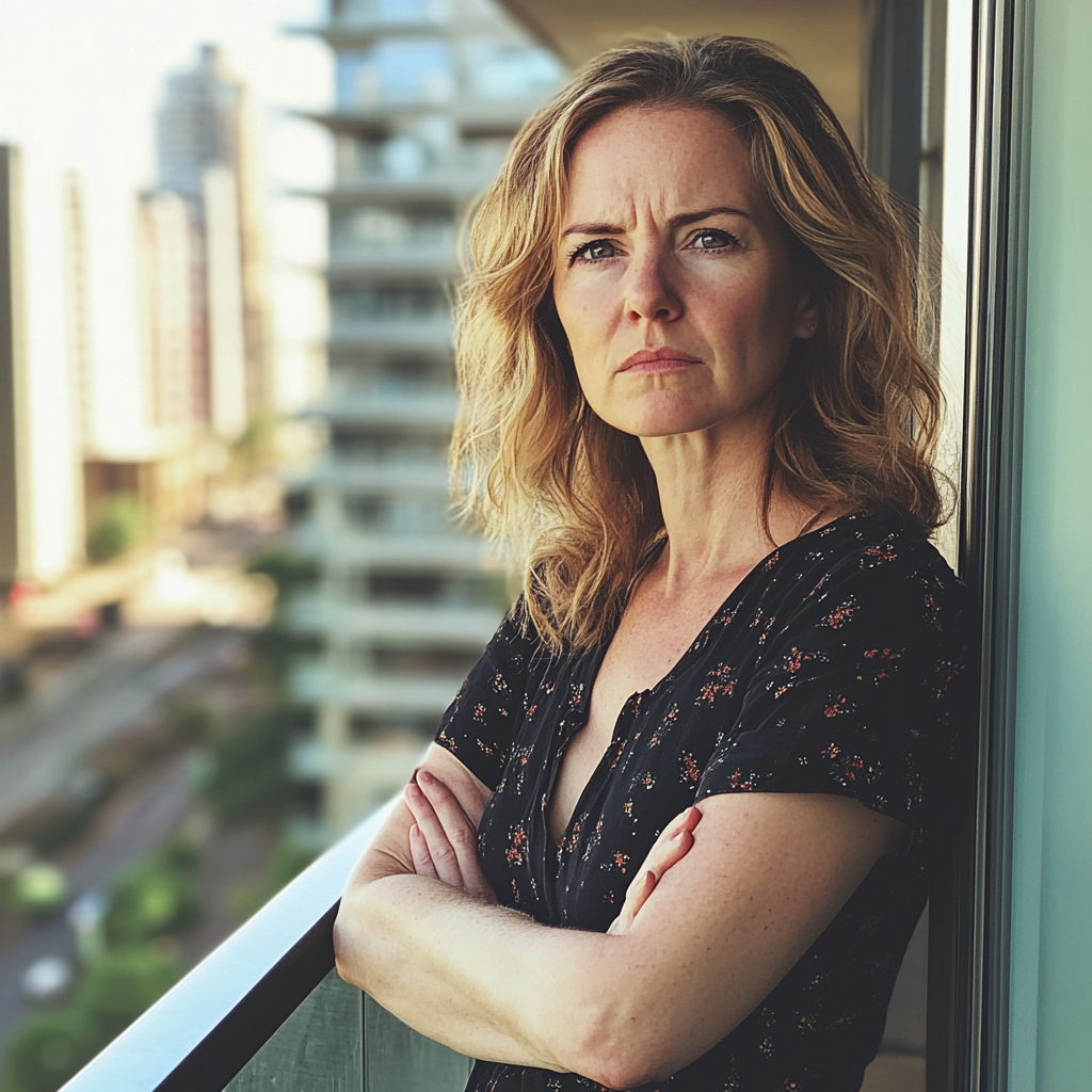 Une femme bouleversée debout sur un balcon | Source : Midjourney