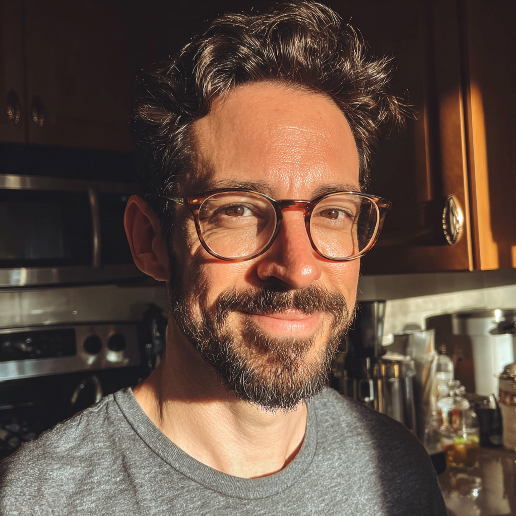 Un homme souriant debout dans une cuisine | Source : Midjourney
