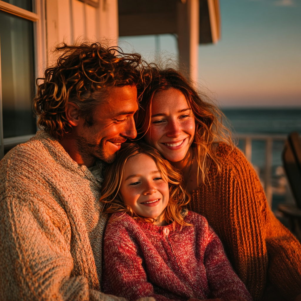 Une famille heureuse à l'extérieur pendant un coucher de soleil | Source : Midjourney