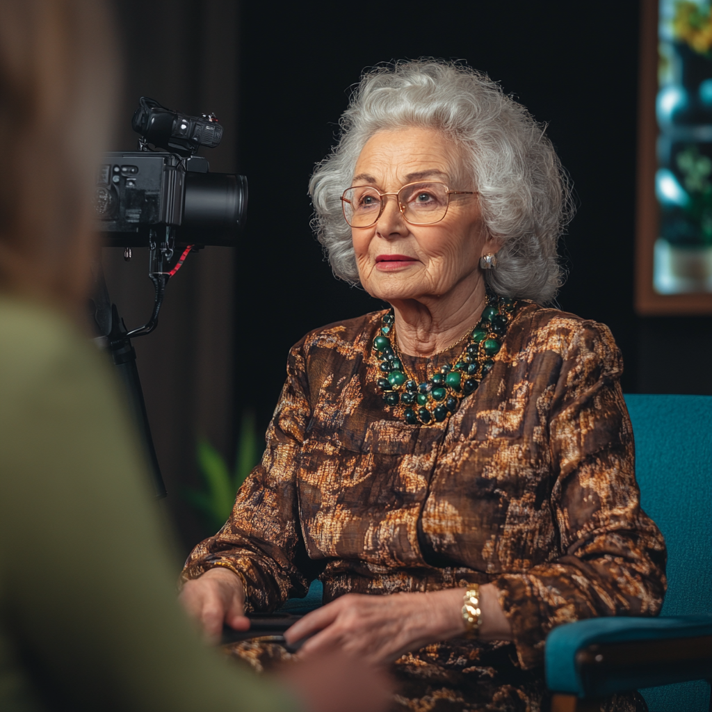 Une femme âgée lors d'un talk-show | Source : Midjourney