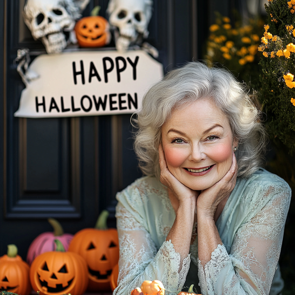 Une dame âgée souriante sur fond de décor d'Halloween | Source : Midjourney