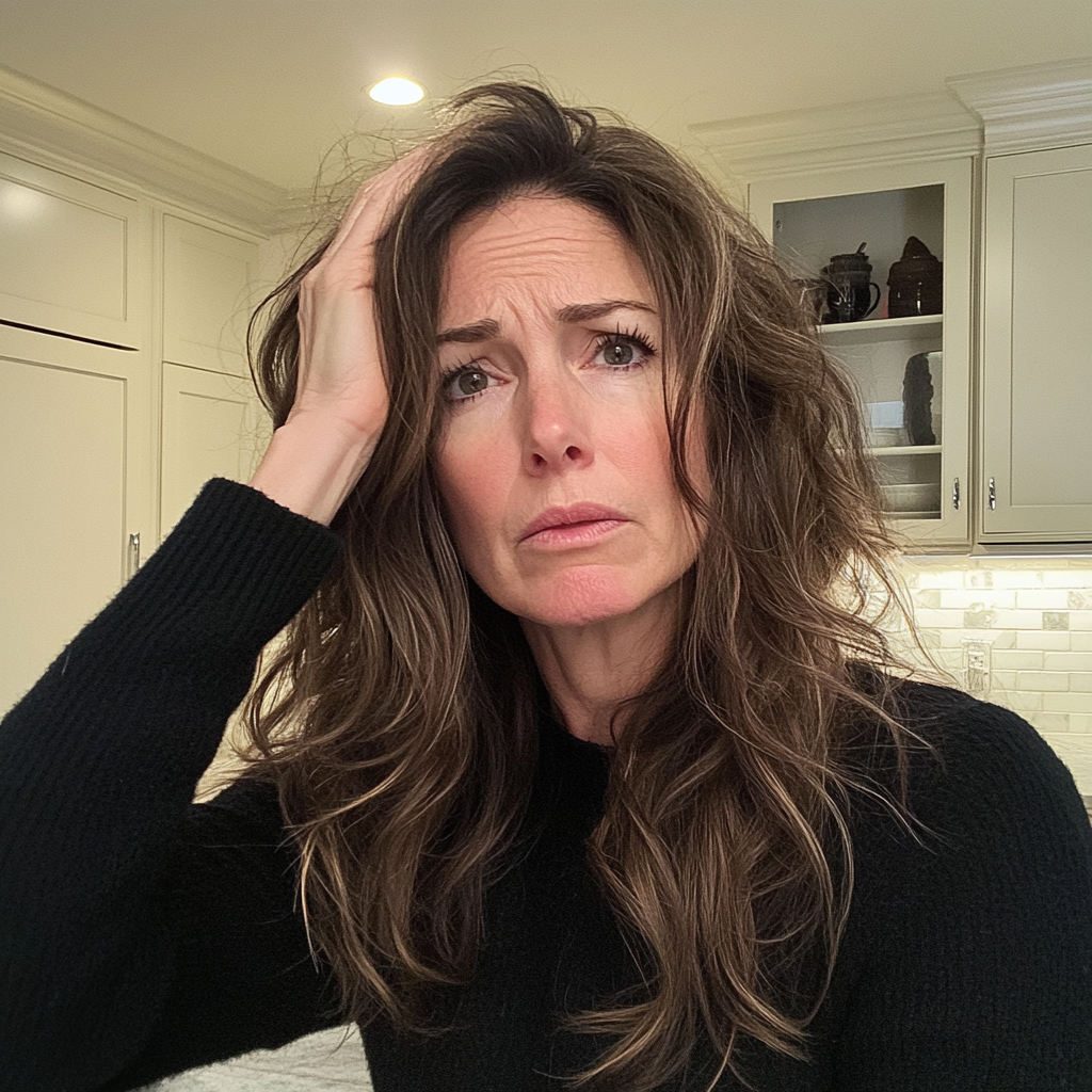 Une femme bouleversée, la main sur la tête | Source : Midjourney
