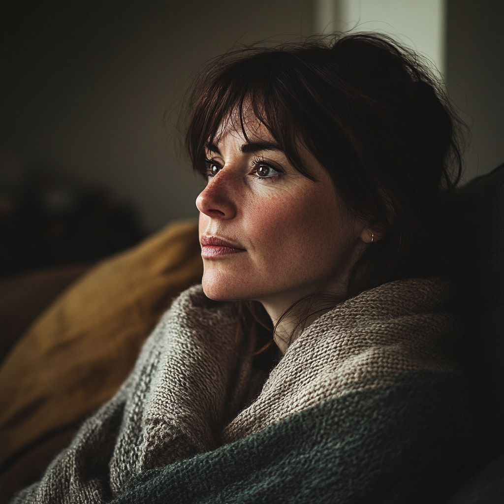 Une femme assise sur un canapé | Source : Midjourney