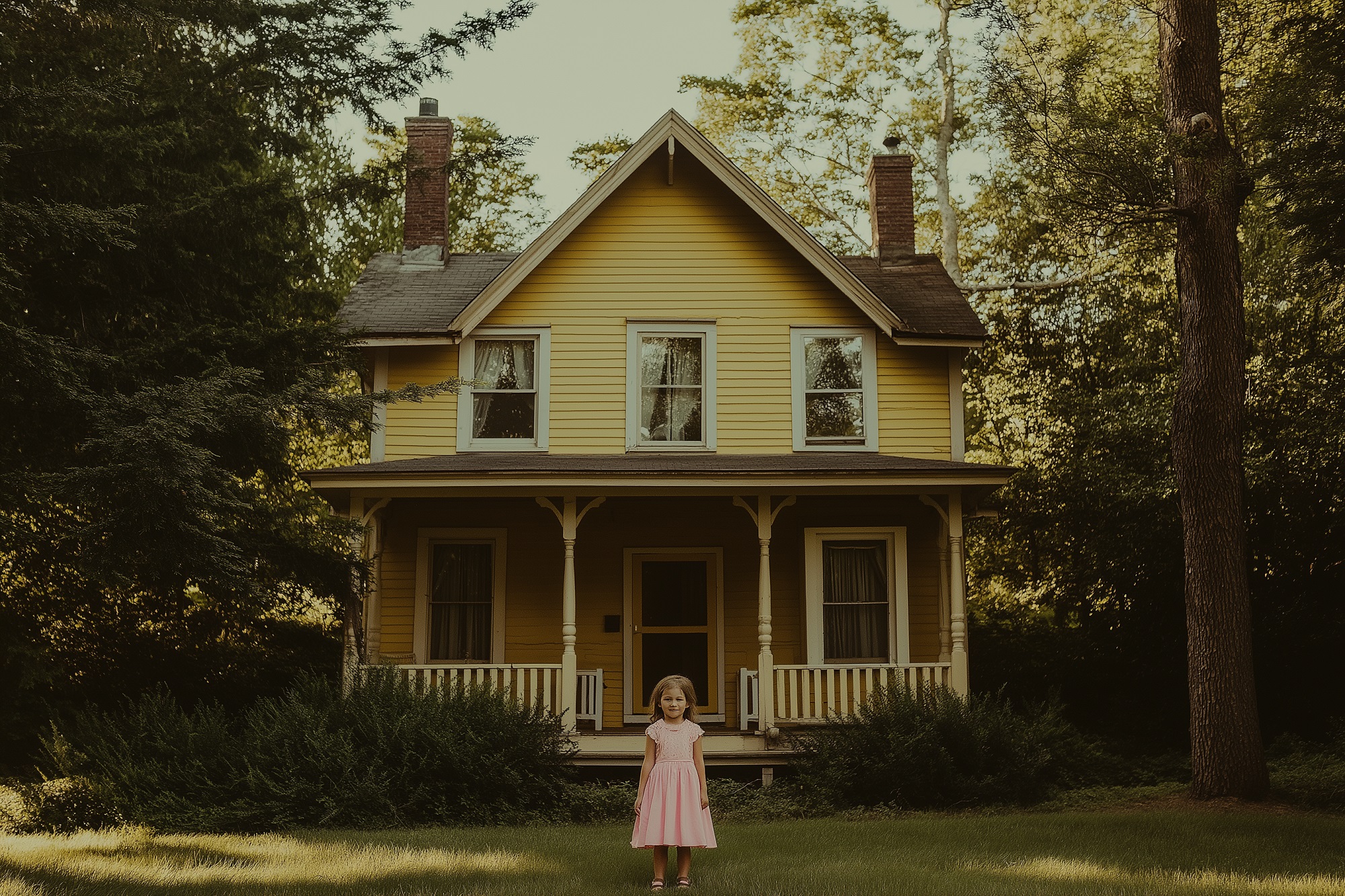 Une petite fille en robe rose debout devant une maison jaune | Source : Midjourney