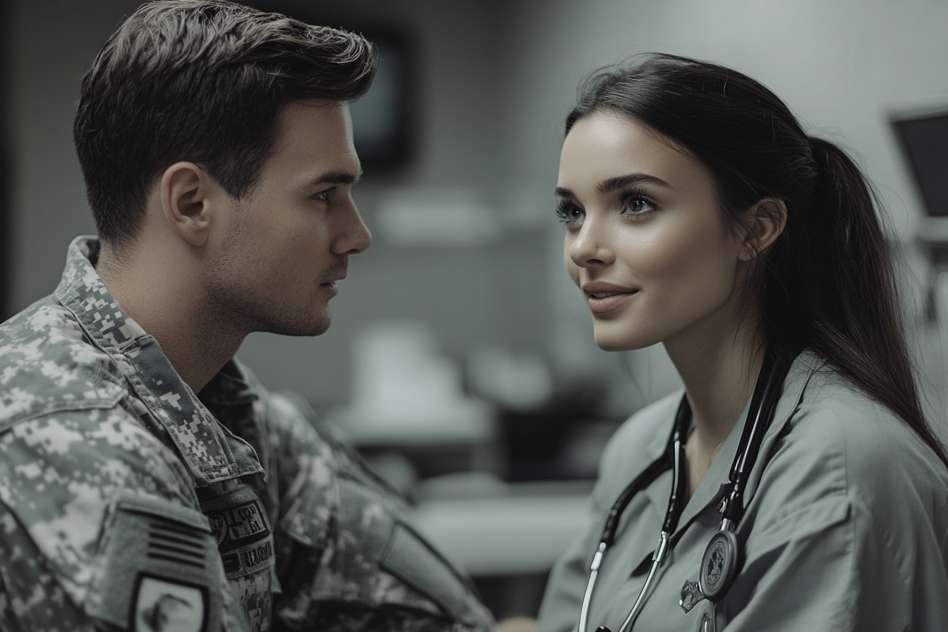 Officier militaire discutant avec un médecin | Source : Midjourney