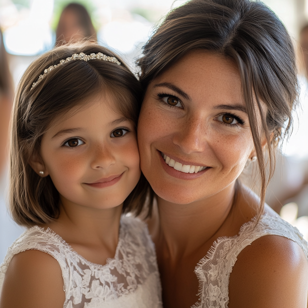 La mariée et une petite fille se serrent dans les bras | Source : Midjourney