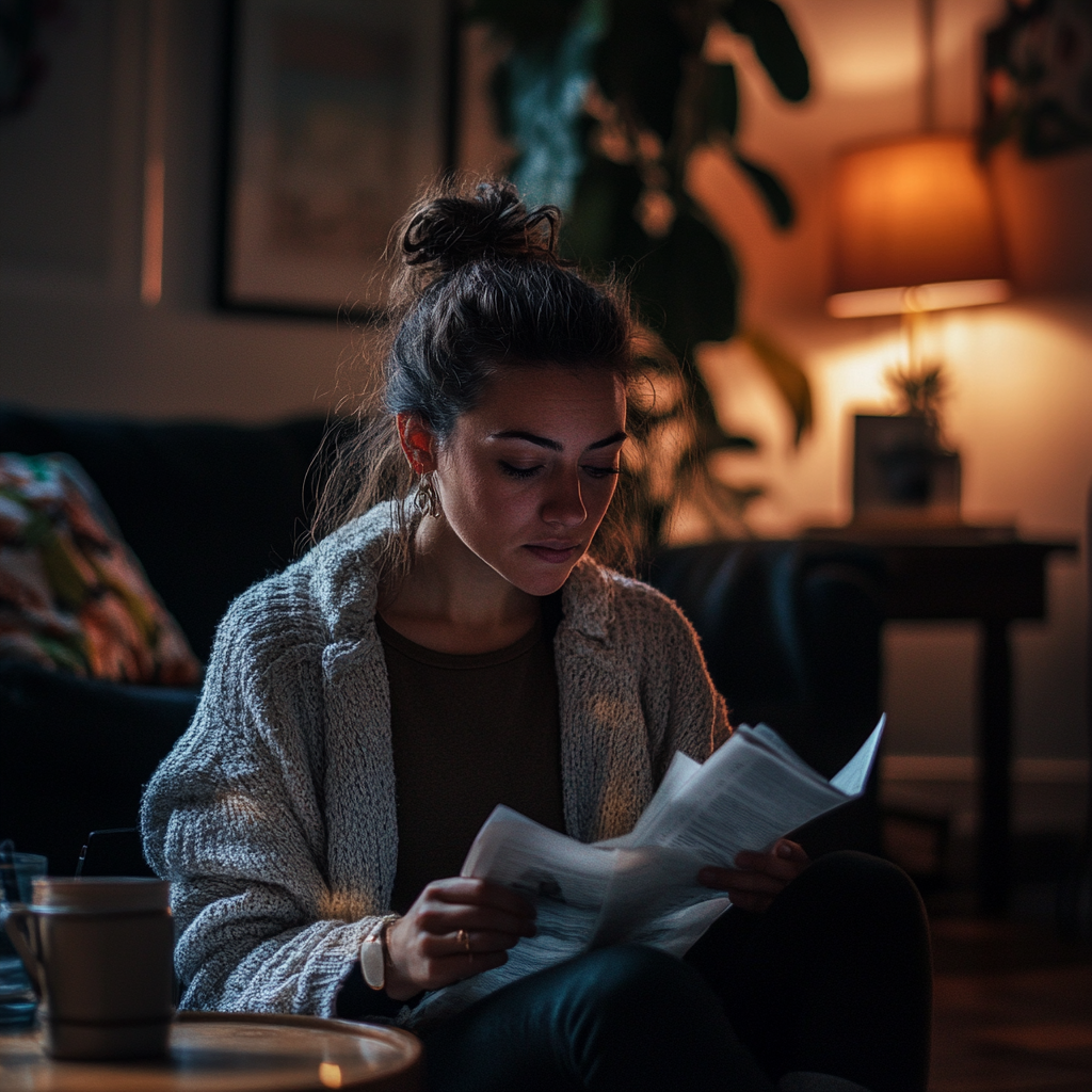 Une femme assise sur le sol de son salon, la nuit, en train de trier des documents | Source : Midjourney