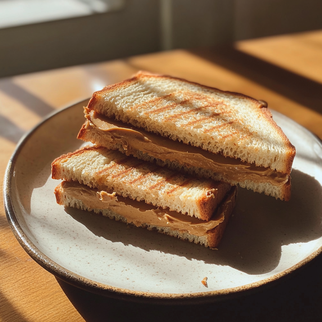 Un sandwich au beurre de cacahuètes dans une assiette | Source : Midjourney