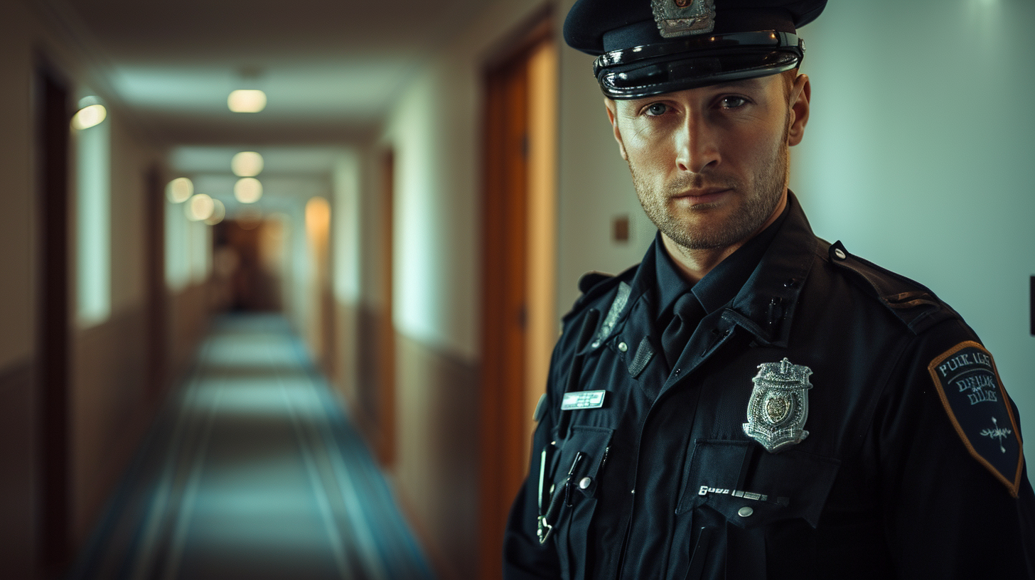 Un agent de police debout dans un couloir | Source : Midjourney