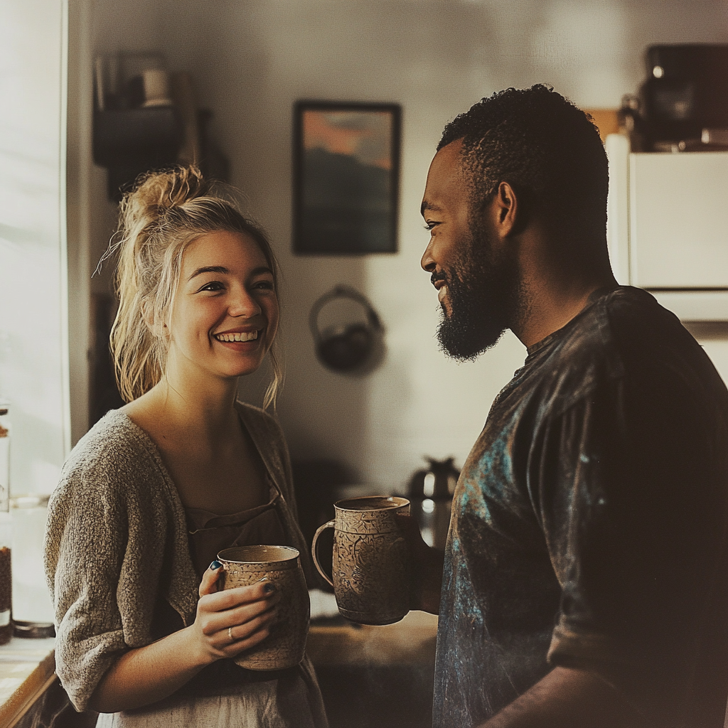 Une femme qui boit du thé avec un homme | Source : Midjourney