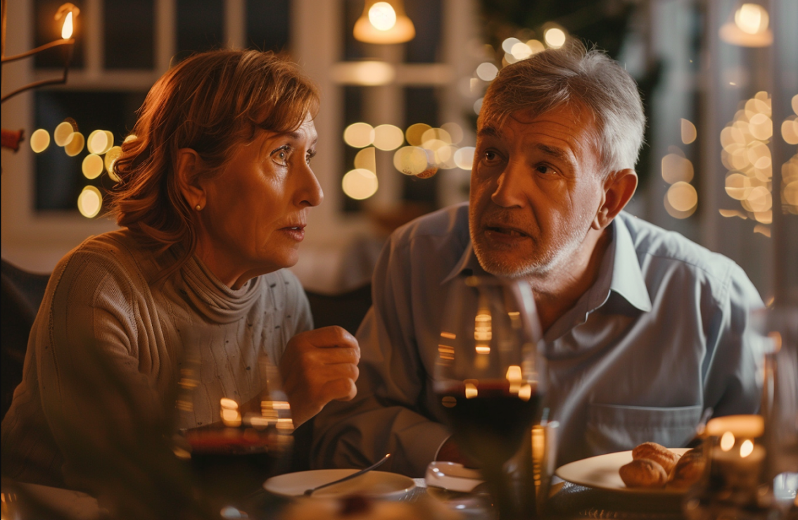 Un couple qui a l'air confus à la table du dîner | Source : Midjourney