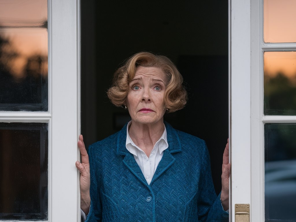 Une femme à l'air inquiet se tenant devant une porte d'entrée | Source : Midjourney