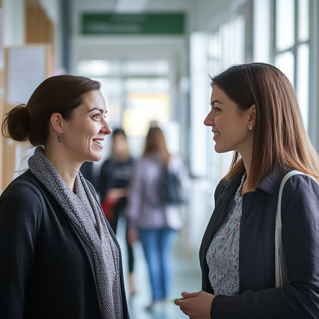 Deux femmes discutent dans une école | Source : Midjourney