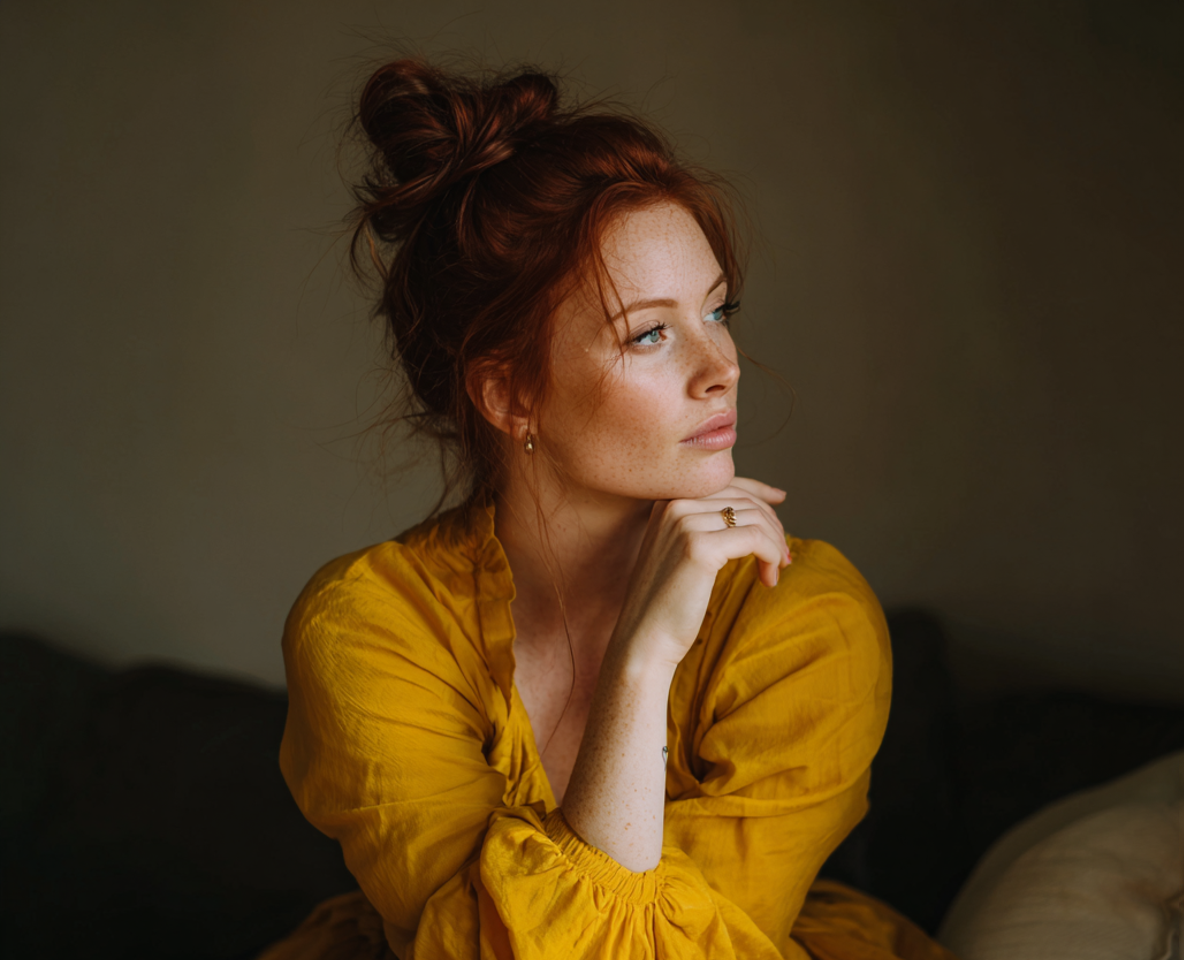 Une femme pensive en robe jaune assise sur un canapé | Source : Midjourney