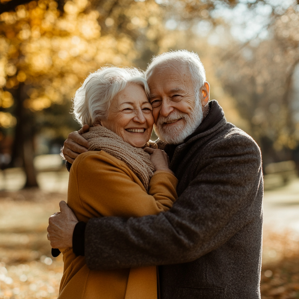 Un homme souriant serrant sa femme heureuse dans ses bras | Source : Midjourney