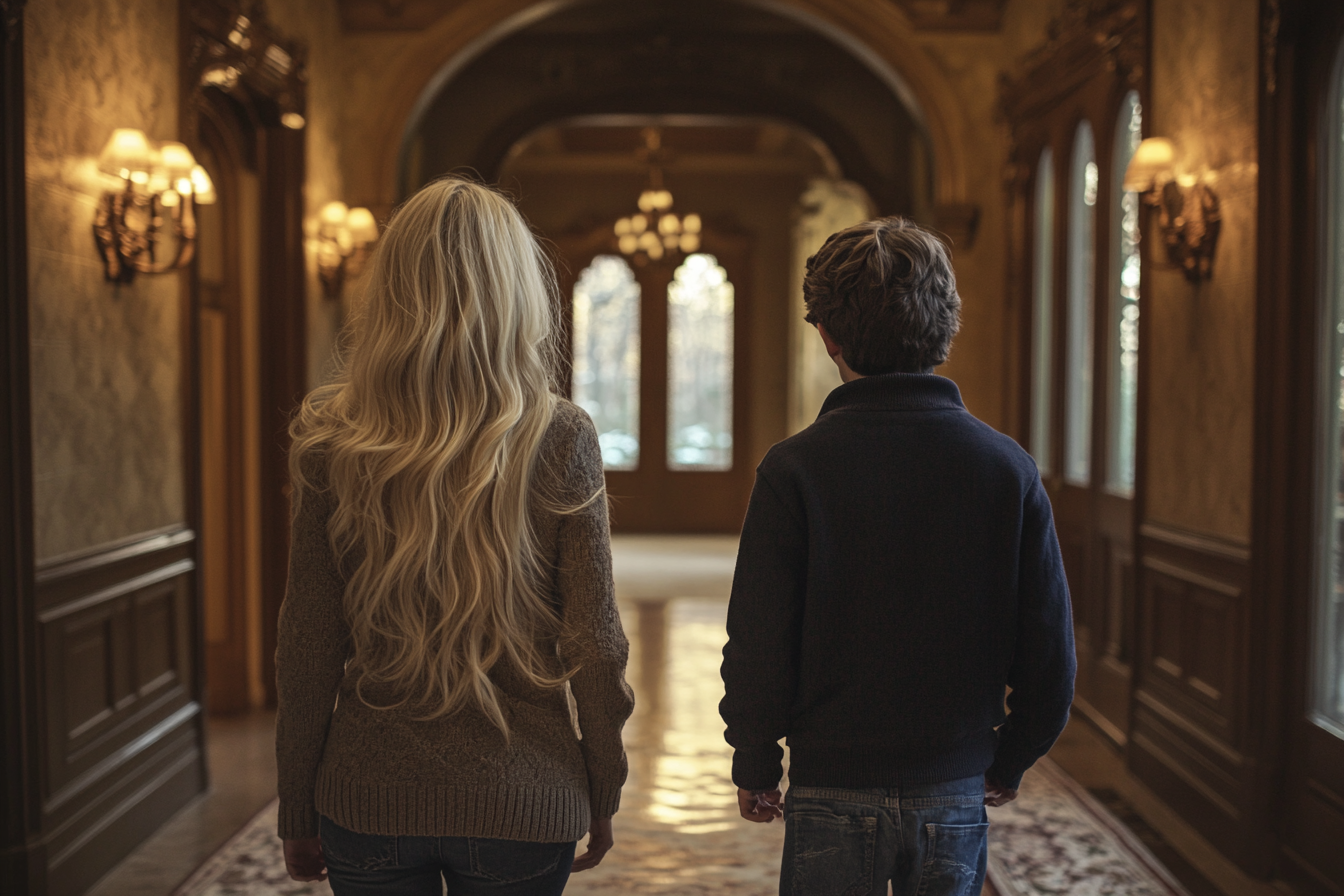 Une femme et son fils marchant dans un couloir | Source : Midjourney