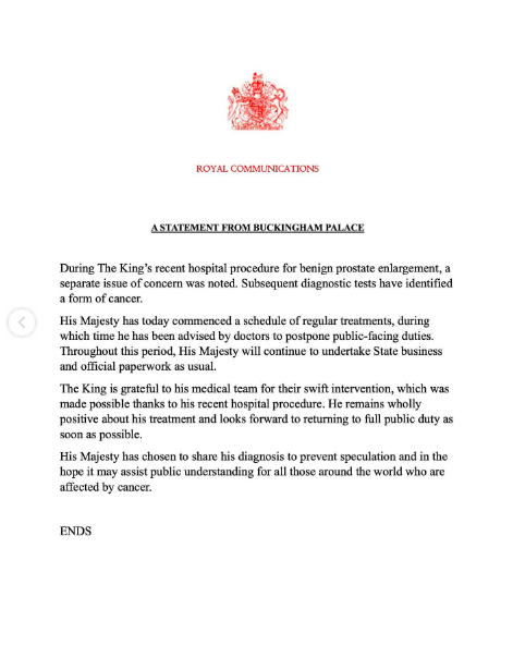 La déclaration annonçant le diagnostic de cancer du roi Charles III postée le 5 février 2024 | Source : Instagram/theroyalfamily