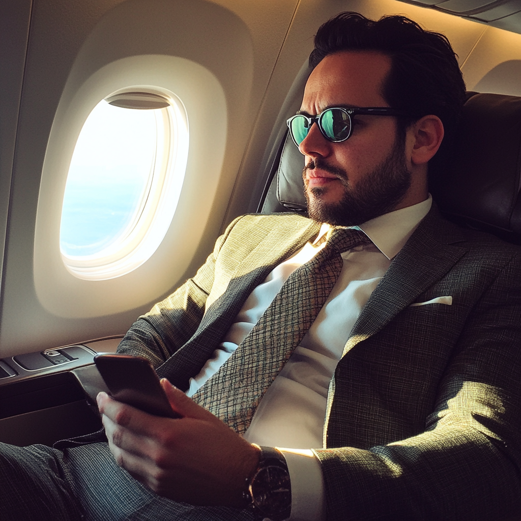 Un homme d'affaires regardant par le hublot d'un avion | Source : Midjourney