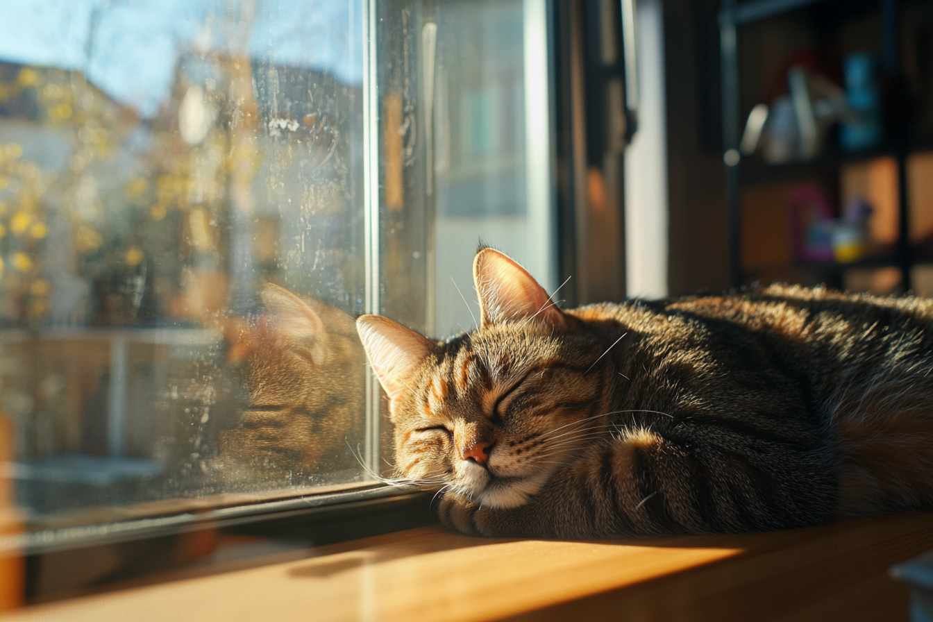 Un chat qui dort près d'une fenêtre en verre | Source : Midjourney